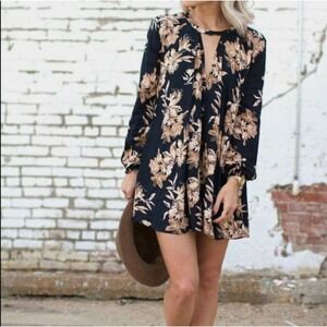 Jay Navy Floral Oversizes Mini Dress Bohemian Dark Romantic Tunic Top Womens S
